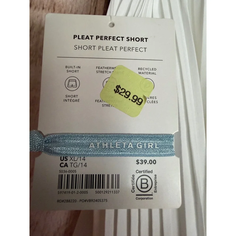 Athleta Girl Pleat Perfect Short Tennis Golf Sporty Pickleball White XL 14 NWT